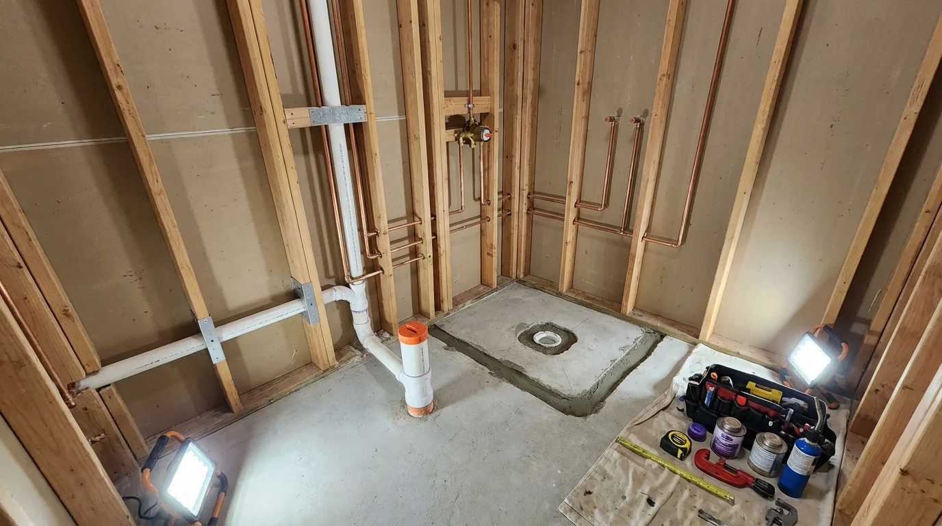 Bathroom rough-in plumbing during remodel by Johns Plumbing LLC in Stroud
