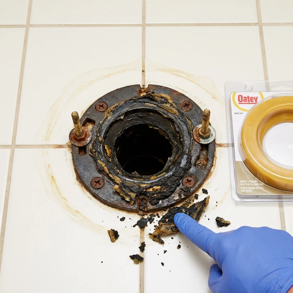 Failed wax ring showing water seepage at the base of a toilet in a Stroud, OK home
