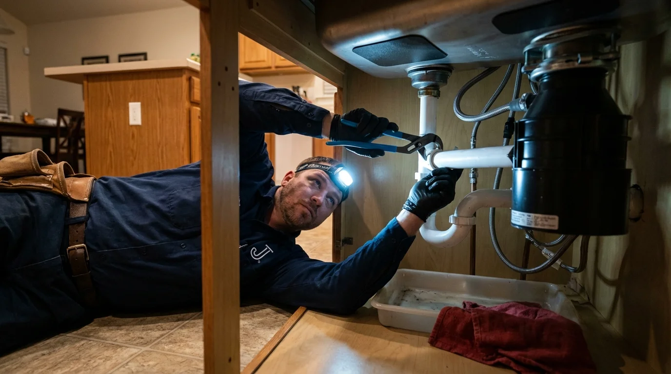 P-trap and supply line connections under a kitchen sink showing a common leak point in Stroud, OK